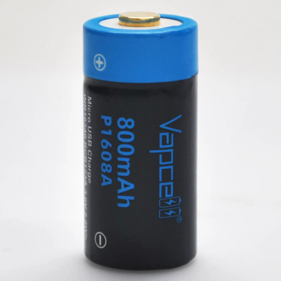 Protected Vapcell P1608A 16340 3A Button Top 800mah USB Battery - Genuine